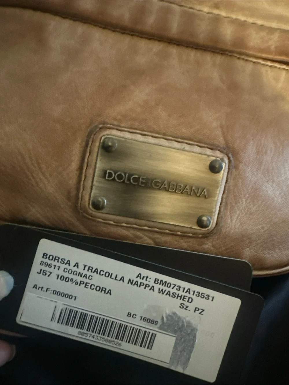 Dolce & Gabbana Unisex Cognac Stressed Sheep Leather Bag NWT and COA card